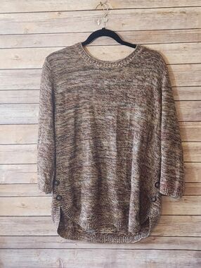 Christopher & Banks Marled Brown Crewneck Sweater with Side Buttons